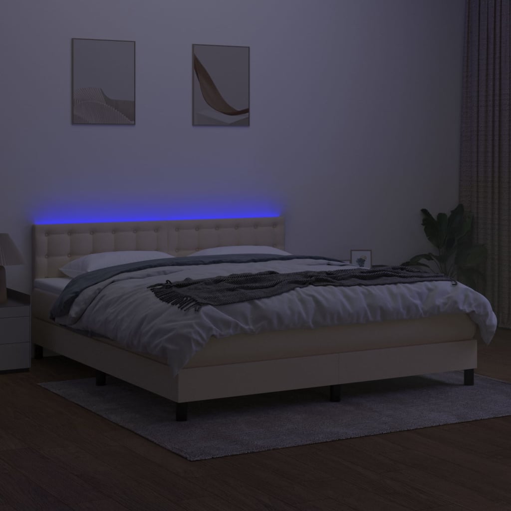 Κρεβάτι Boxspring με Στρώμα & LED Κρεμ 160x200 εκ. Υφασμάτινο