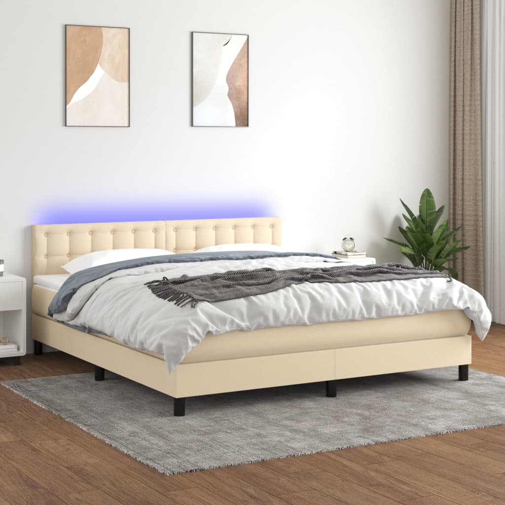 Κρεβάτι Boxspring με Στρώμα & LED Κρεμ 160x200 εκ. Υφασμάτινο
