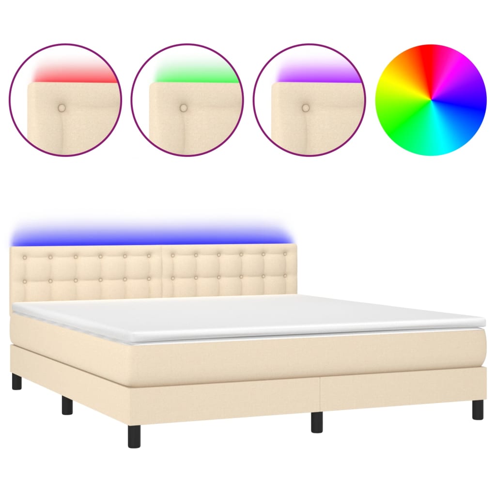Κρεβάτι Boxspring με Στρώμα & LED Κρεμ 180x200 εκ. Υφασμάτινο
