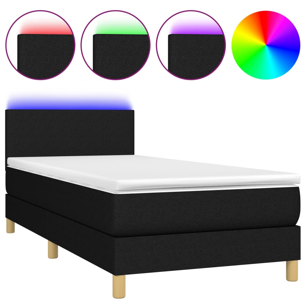 Κρεβάτι Boxspring με Στρώμα & LED Μαύρο 90x190 εκ. Υφασμάτινο