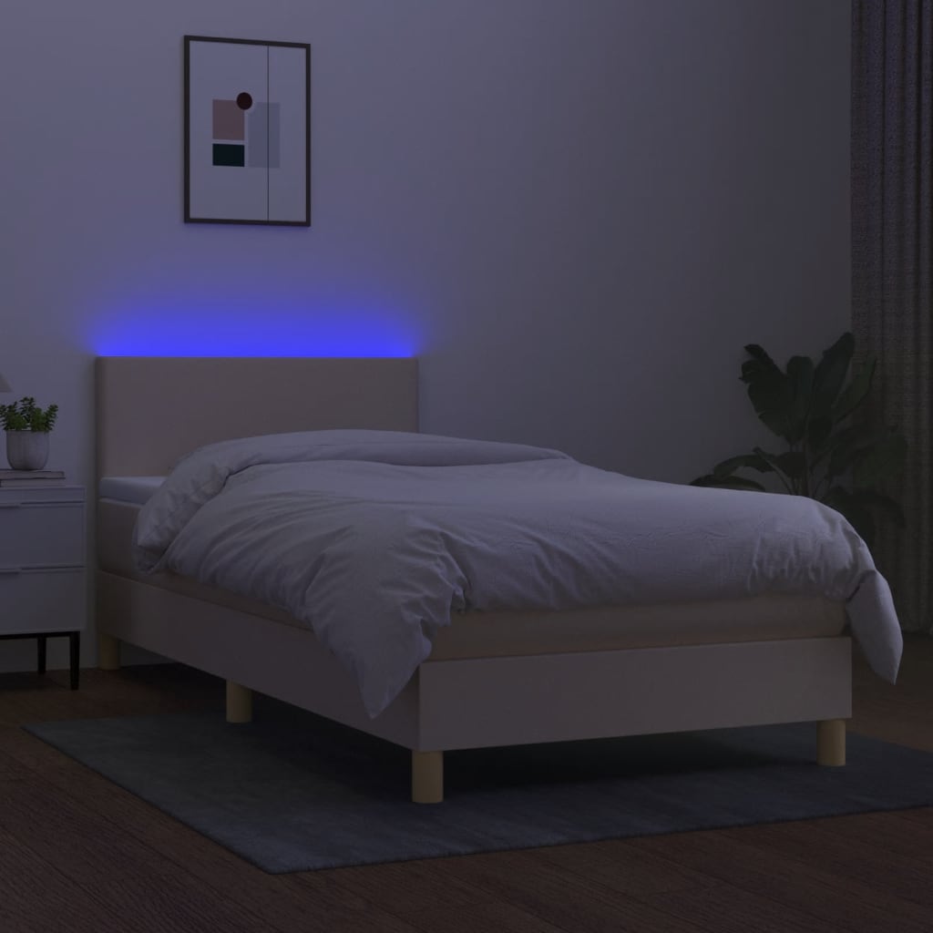 Κρεβάτι Boxspring με Στρώμα & LED Κρεμ 90x200 εκ. Υφασμάτινο
