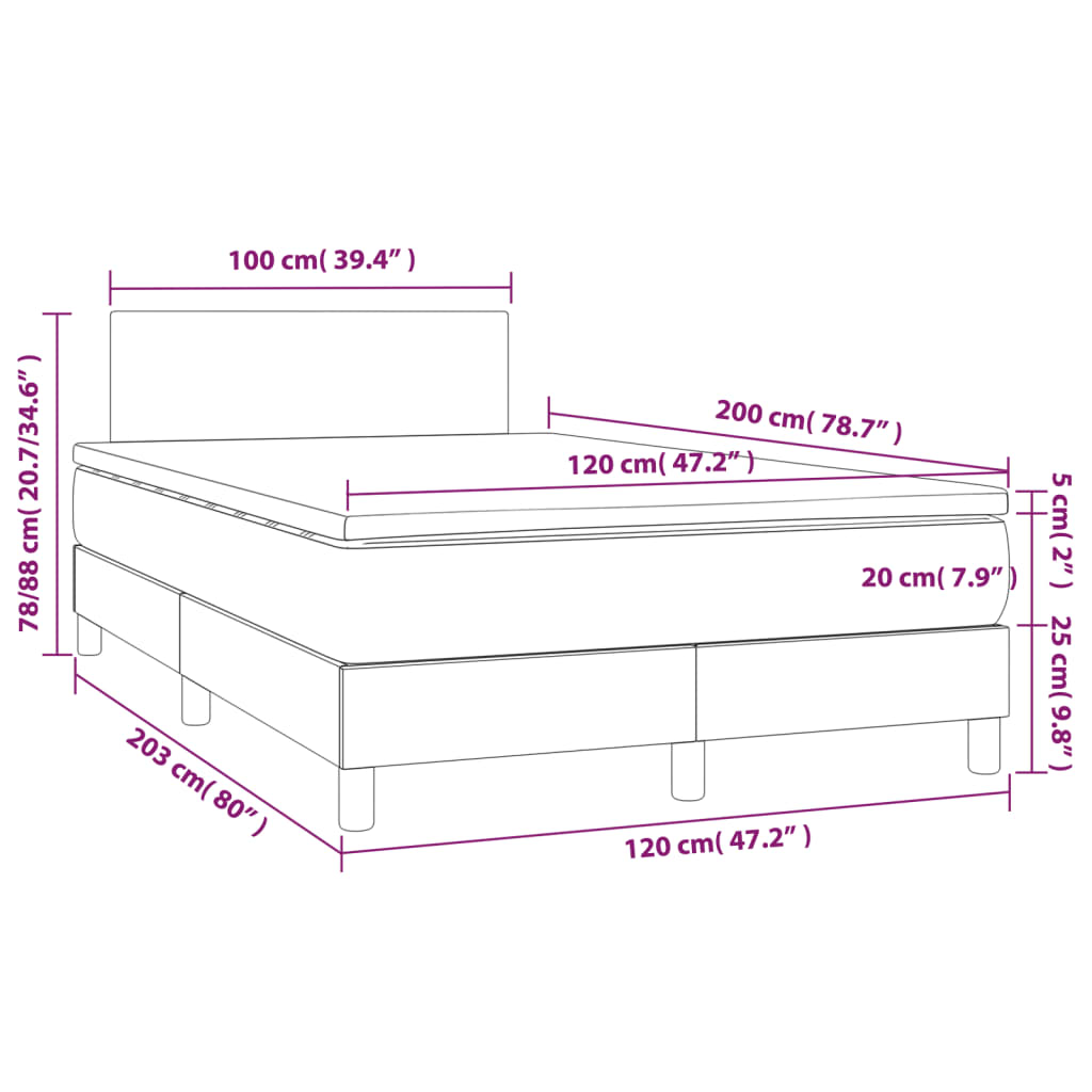 Κρεβάτι Boxspring με Στρώμα & LED Αν.Γκρι 120x200 εκ Υφασμάτινο