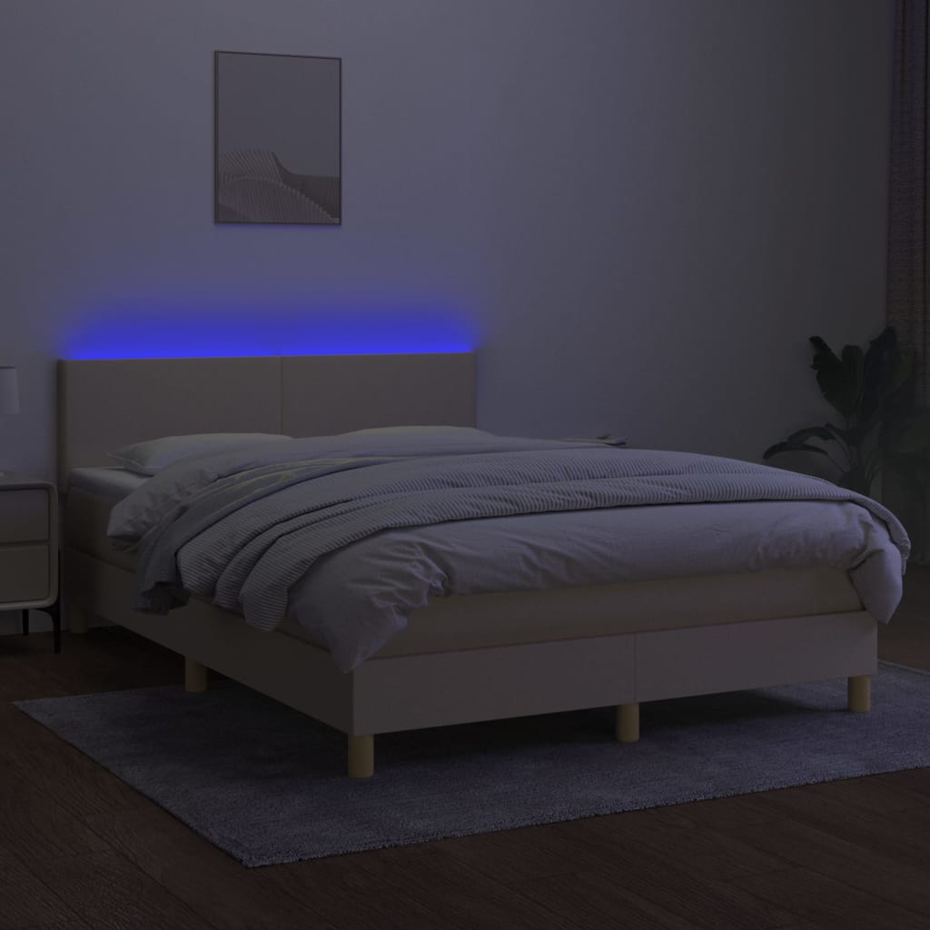 Κρεβάτι Boxspring με Στρώμα & LED Κρεμ 140x190 εκ. Υφασμάτινο - Pakobazaar