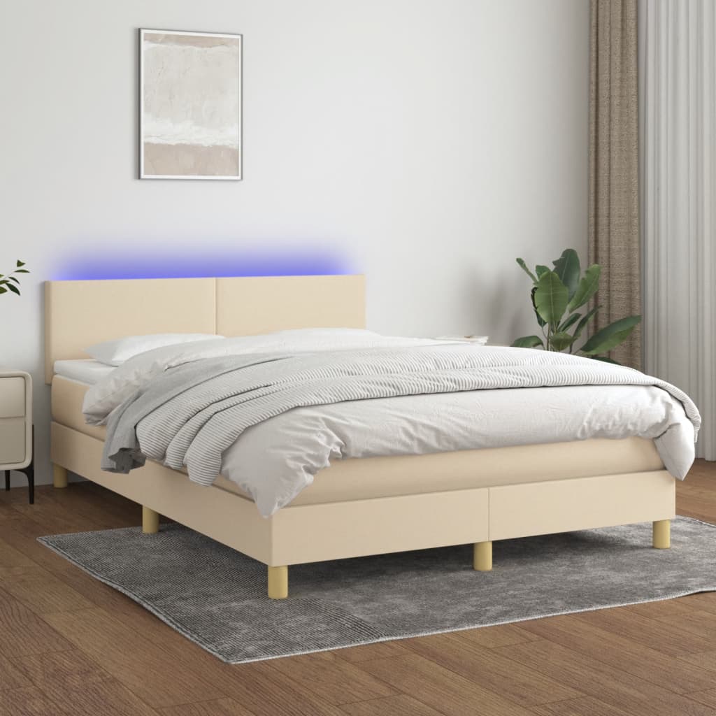Κρεβάτι Boxspring με Στρώμα & LED Κρεμ 140x190 εκ. Υφασμάτινο - Pakobazaar