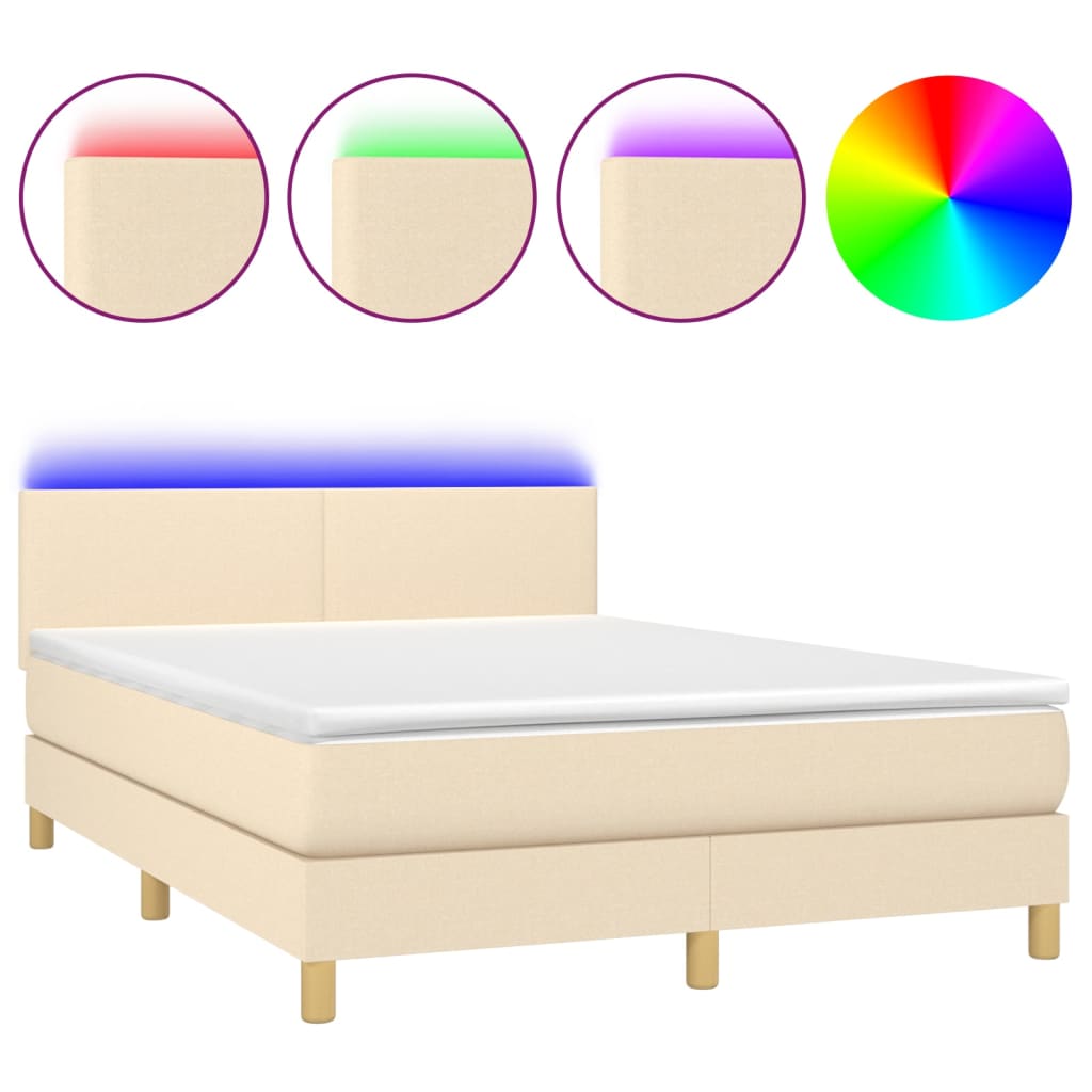 Κρεβάτι Boxspring με Στρώμα & LED Κρεμ 140x200 εκ. Υφασμάτινο