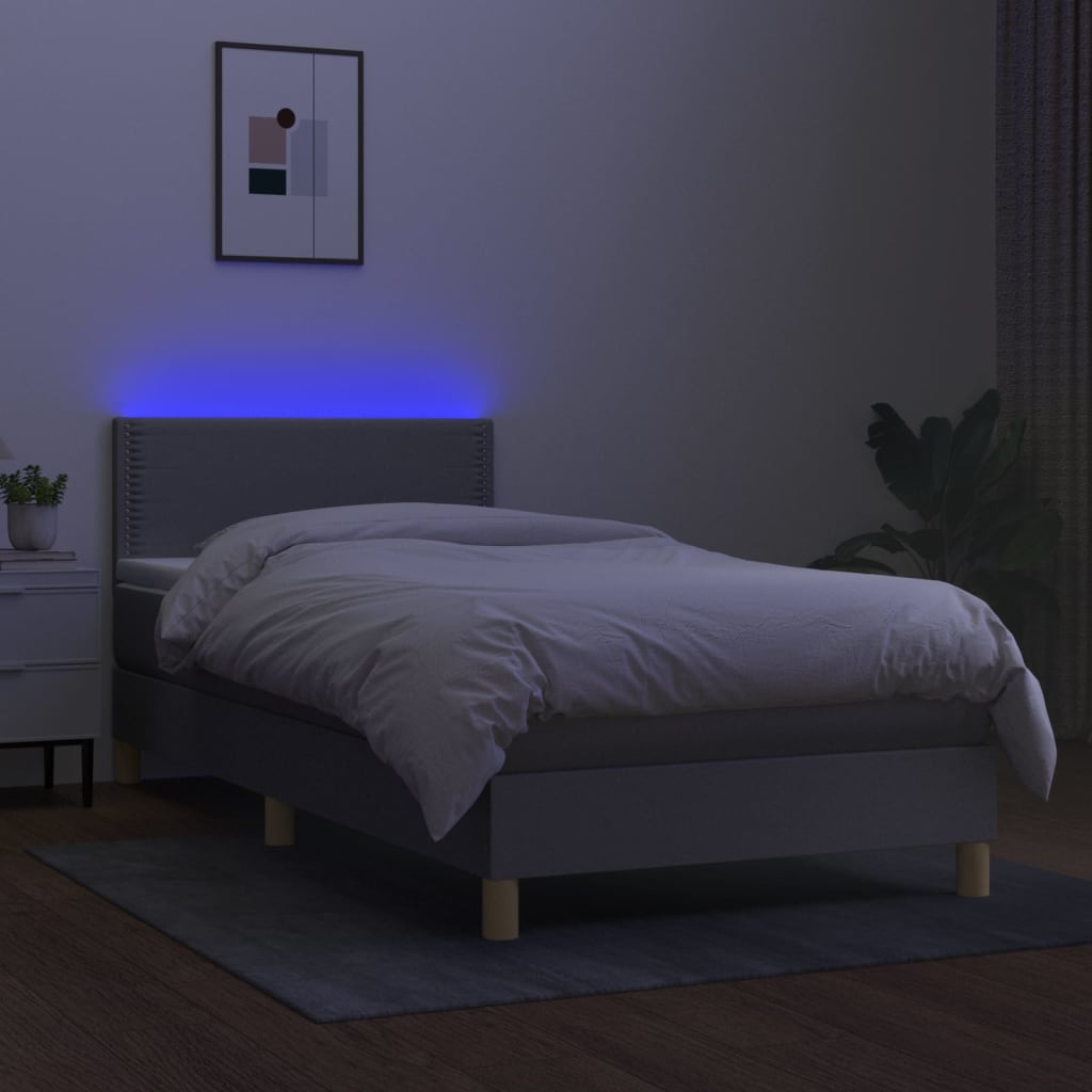 Κρεβάτι Boxspring με Στρώμα & LED Αν.Γκρι 90x190 εκ. Υφασμάτινο