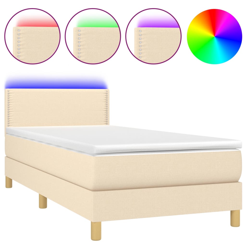 Κρεβάτι Boxspring με Στρώμα & LED Κρεμ 90x190 εκ. Υφασμάτινο