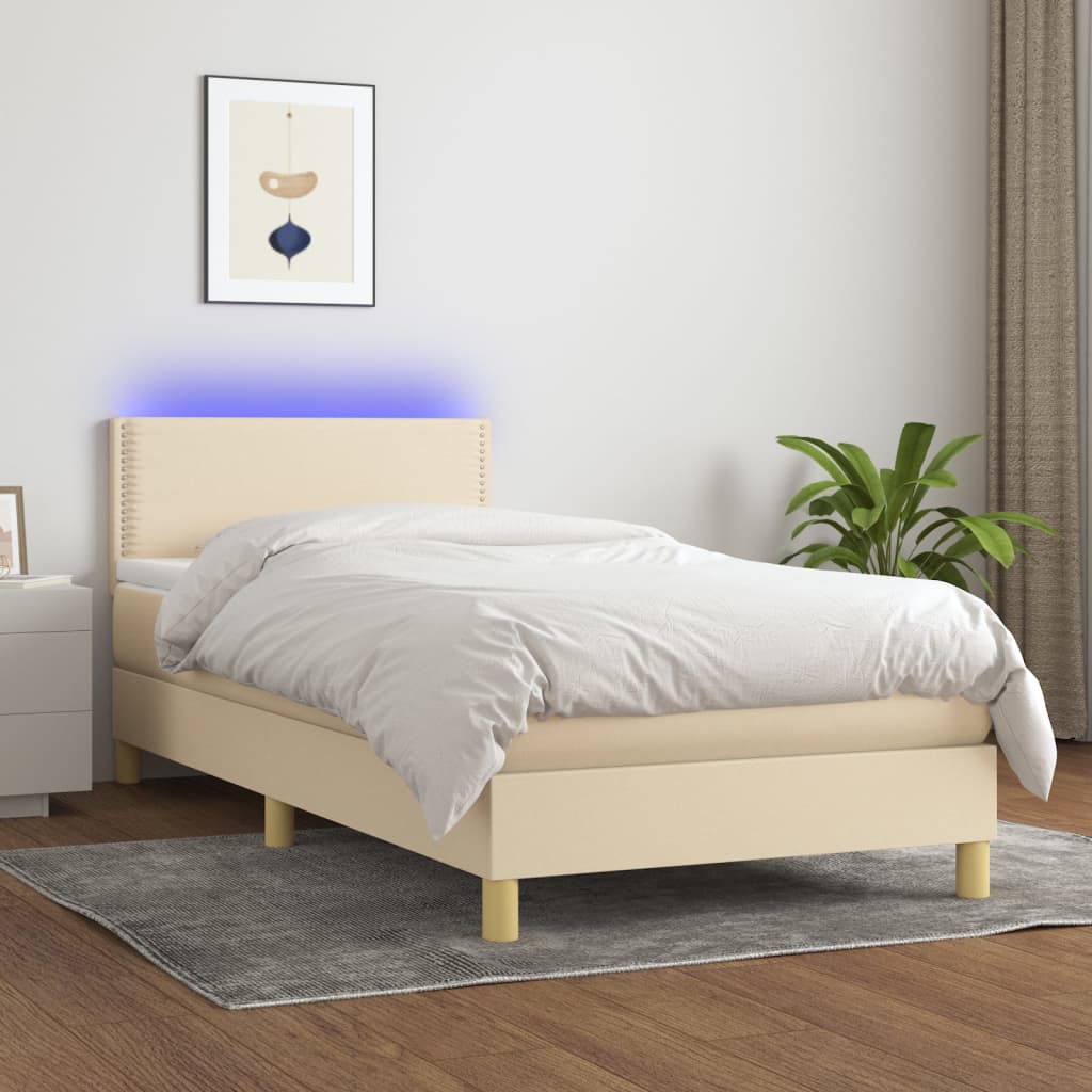 Κρεβάτι Boxspring με Στρώμα & LED Κρεμ 90x190 εκ. Υφασμάτινο