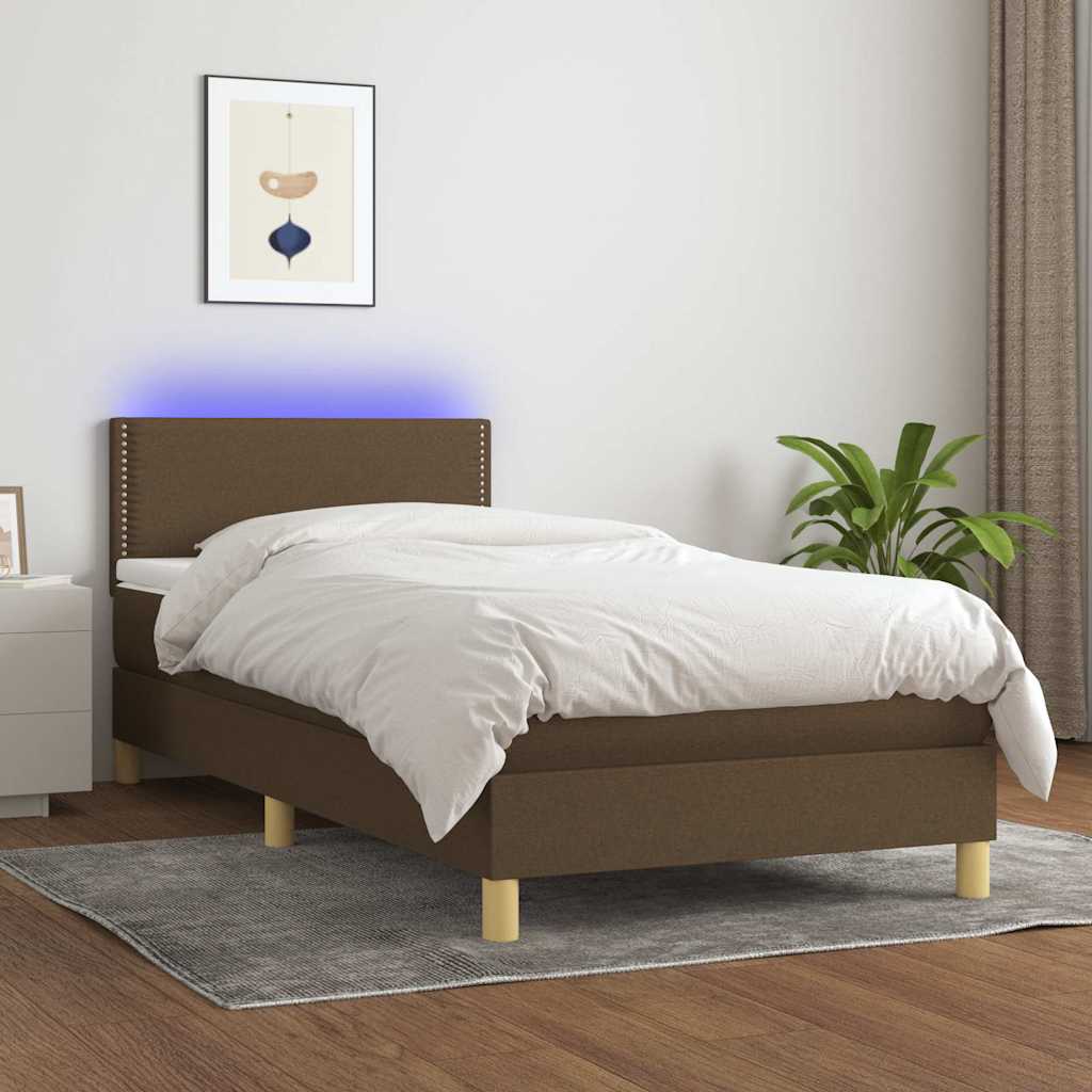 Κρεβάτι Boxspring με Στρώμα & LED Σκ.Καφέ 90x200 εκ. Υφασμάτινο