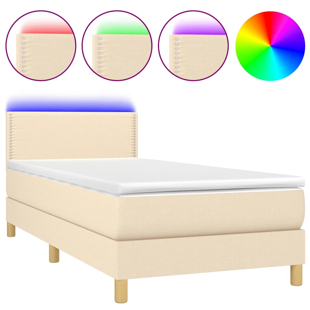 Κρεβάτι Boxspring με Στρώμα & LED Κρεμ 90x200 εκ. Υφασμάτινο