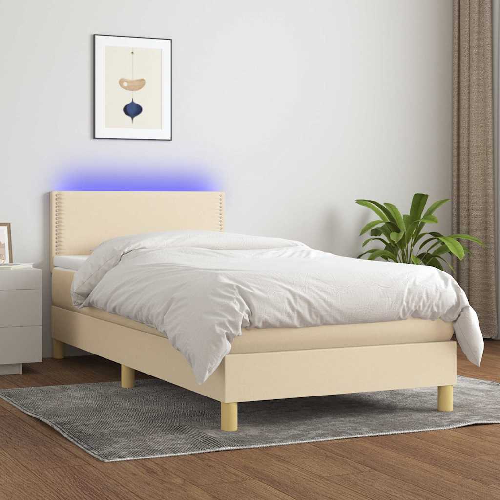 Κρεβάτι Boxspring με Στρώμα & LED Κρεμ 90x200 εκ. Υφασμάτινο