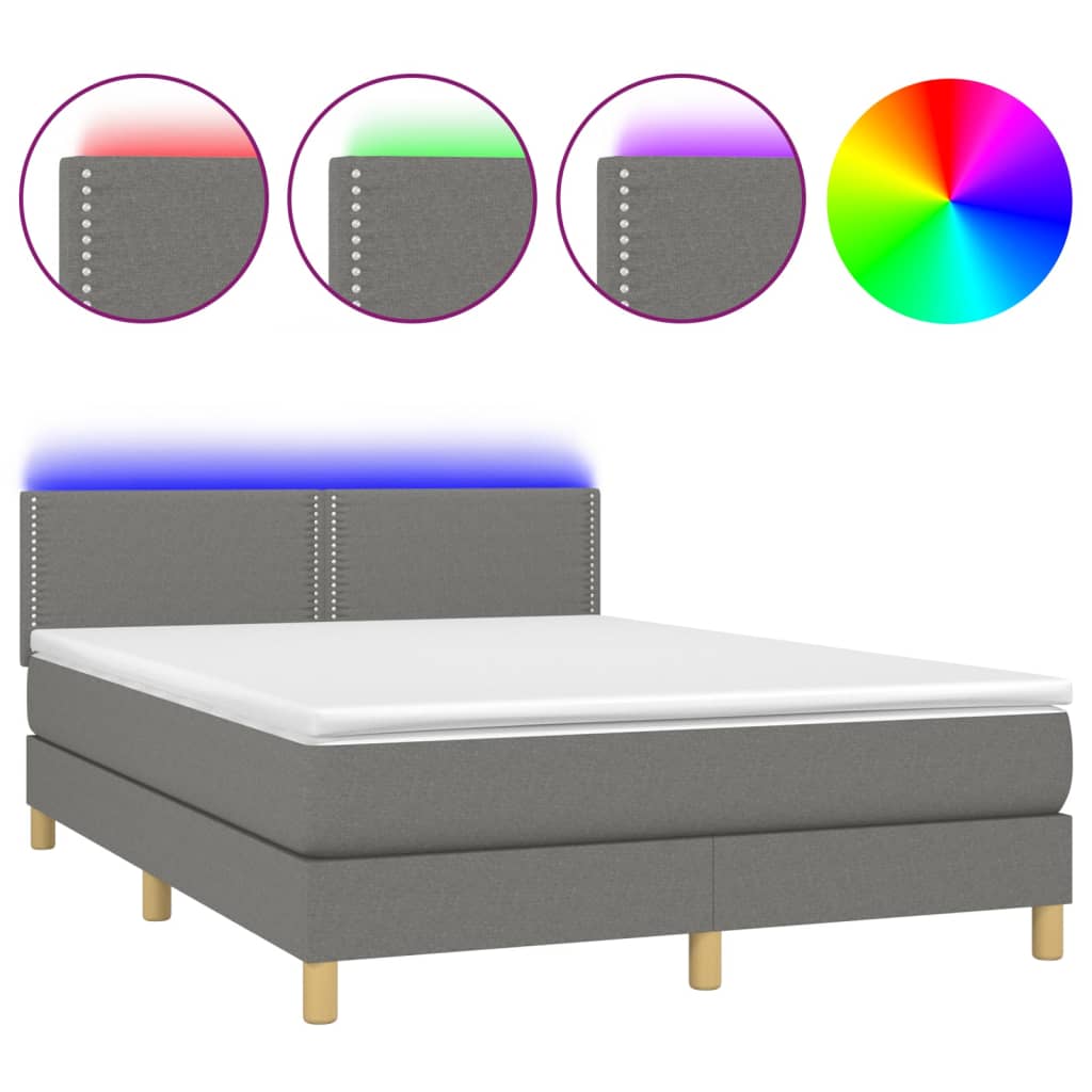 Κρεβάτι Boxspring με Στρώμα & LED Σκ.Γκρι 140x190 εκ Υφασμάτινο