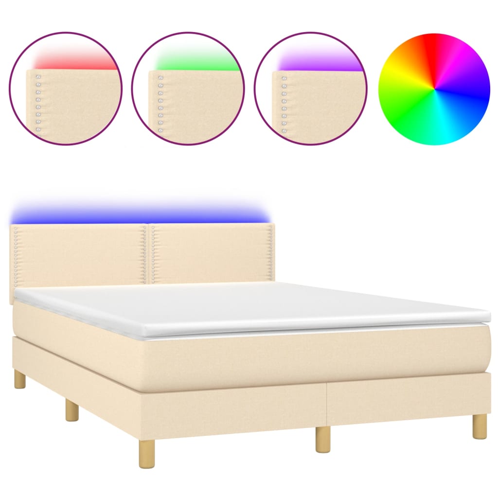 Κρεβάτι Boxspring με Στρώμα & LED Κρεμ 140x190 εκ. Υφασμάτινο - Pakobazaar