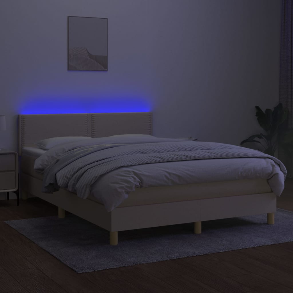 Κρεβάτι Boxspring με Στρώμα & LED Κρεμ 140x190 εκ. Υφασμάτινο - Pakobazaar