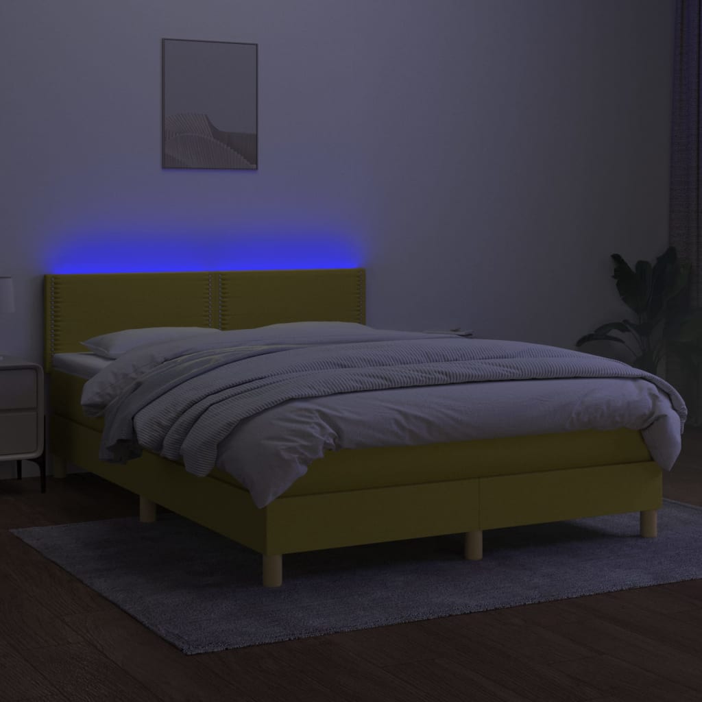 Κρεβάτι Boxspring με Στρώμα & LED Πράσινο 140x190 εκ Υφασμάτινο