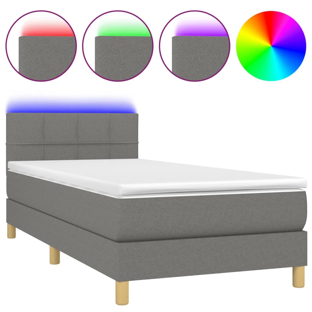 Κρεβάτι Boxspring με Στρώμα & LED Σκ.Γκρι 100x200 εκ Υφασμάτινο