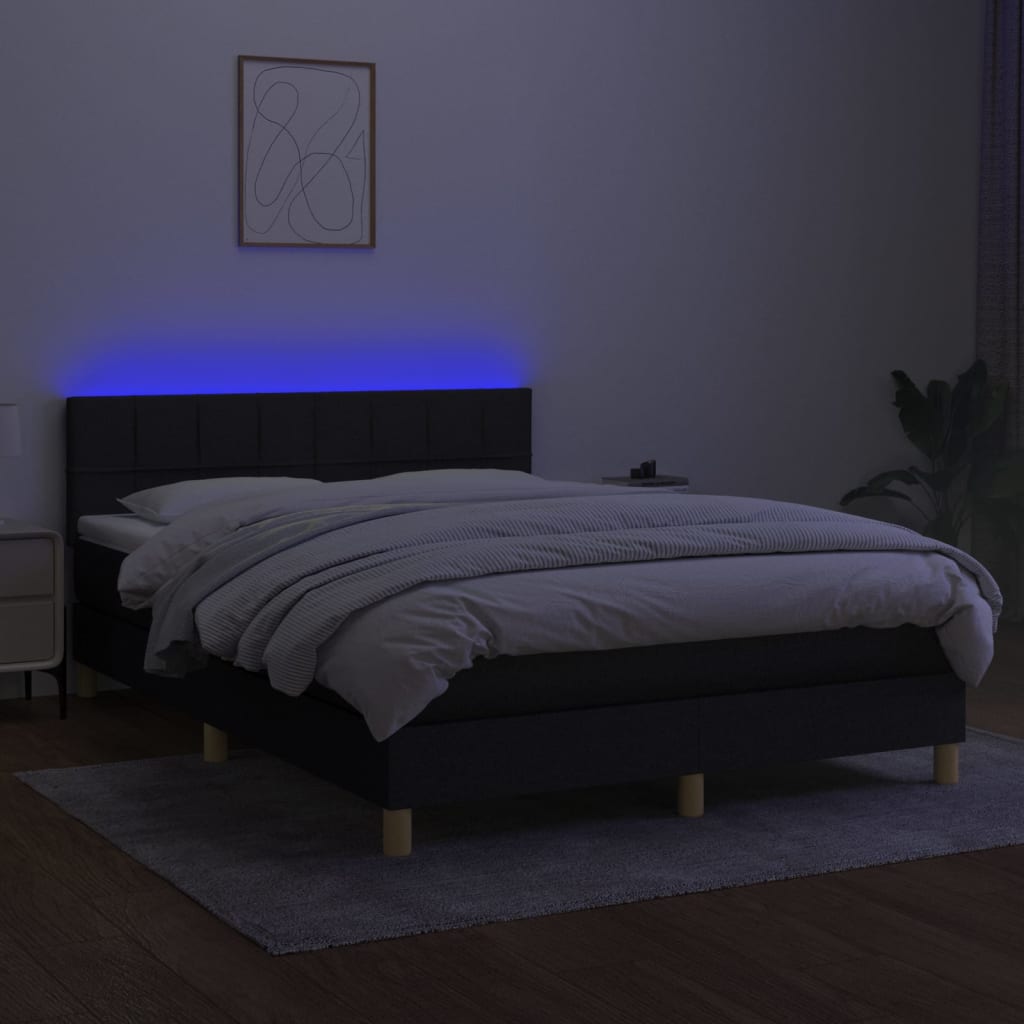 Κρεβάτι Boxspring με Στρώμα & LED Μαύρο 140x190 εκ. Υφασμάτινο