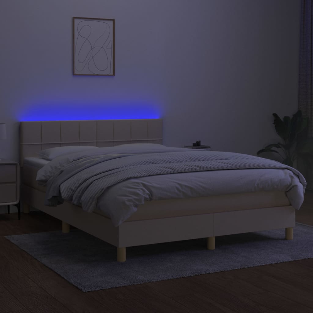 Κρεβάτι Boxspring με Στρώμα & LED Κρεμ 140x190 εκ. Υφασμάτινο - Pakobazaar