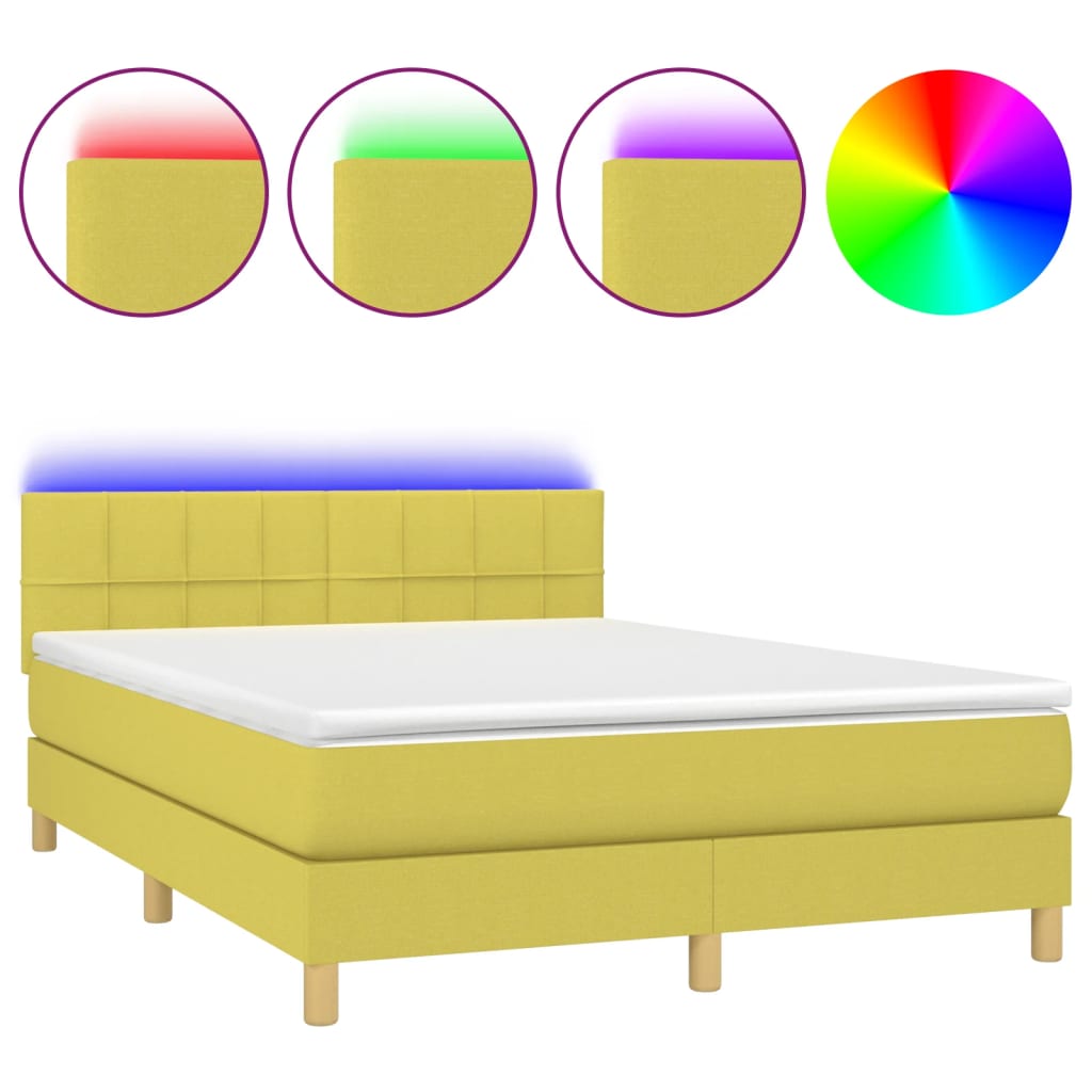 Κρεβάτι Boxspring με Στρώμα & LED Πράσινο 140x190 εκ Υφασμάτινο