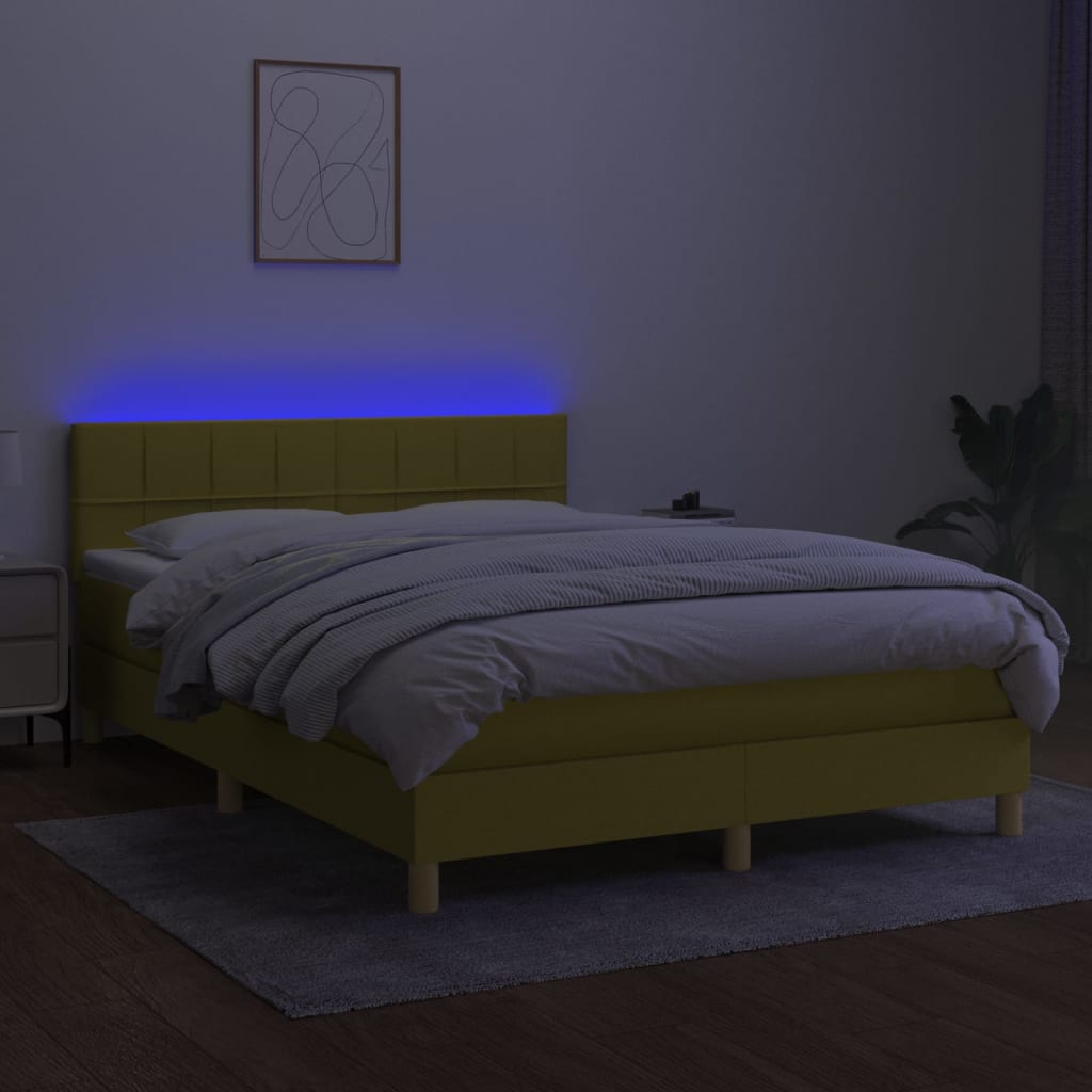 Κρεβάτι Boxspring με Στρώμα & LED Πράσινο 140x190 εκ Υφασμάτινο