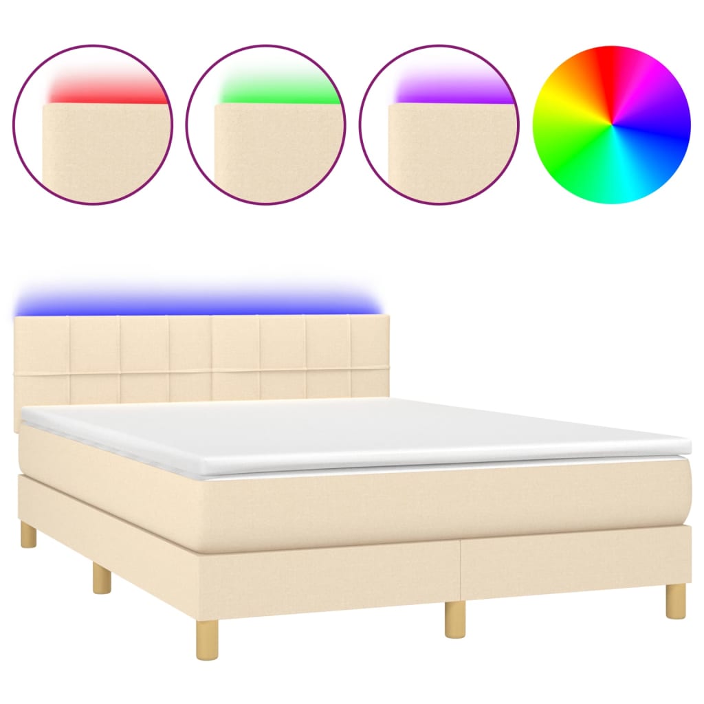 Κρεβάτι Boxspring με Στρώμα & LED Κρεμ 140x200 εκ. Υφασμάτινο