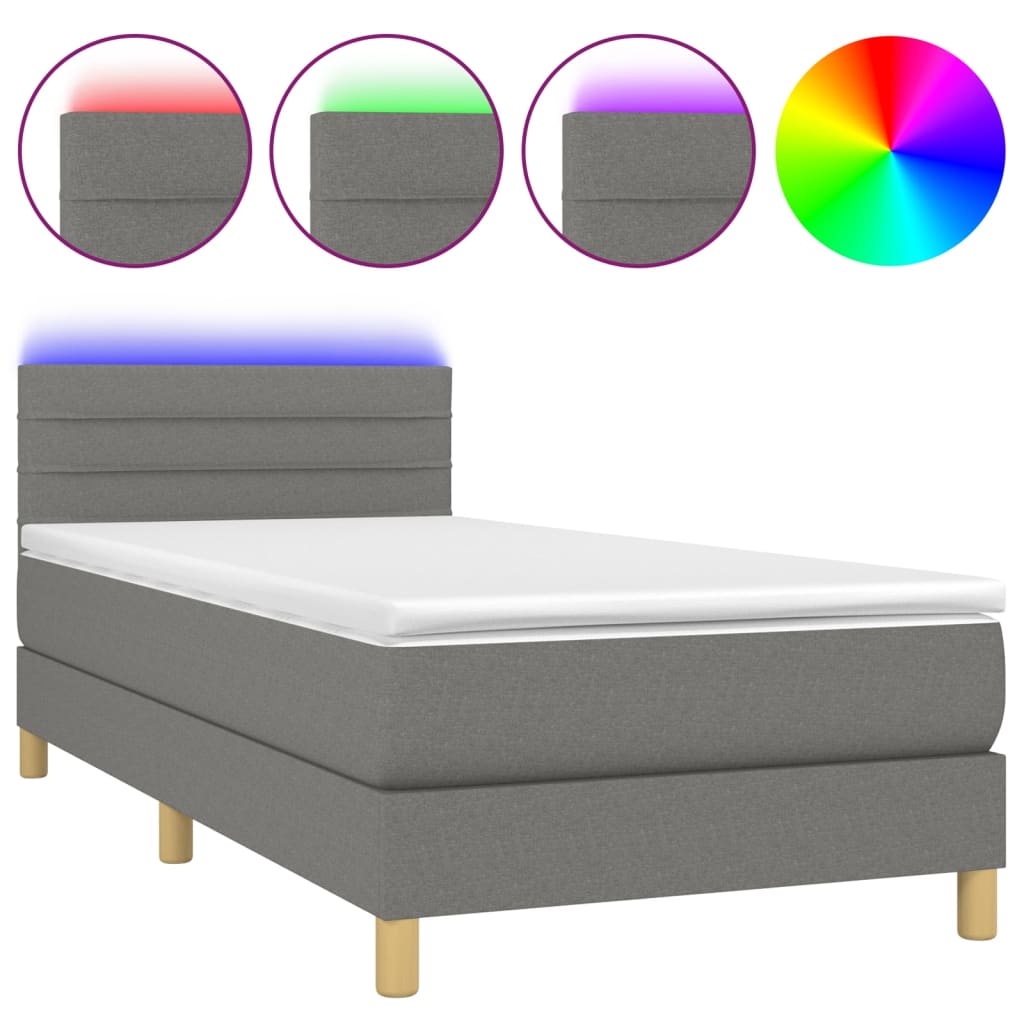 Κρεβάτι Boxspring με Στρώμα & LED Σκ.Γκρι 90x190 εκ. Υφασμάτινο