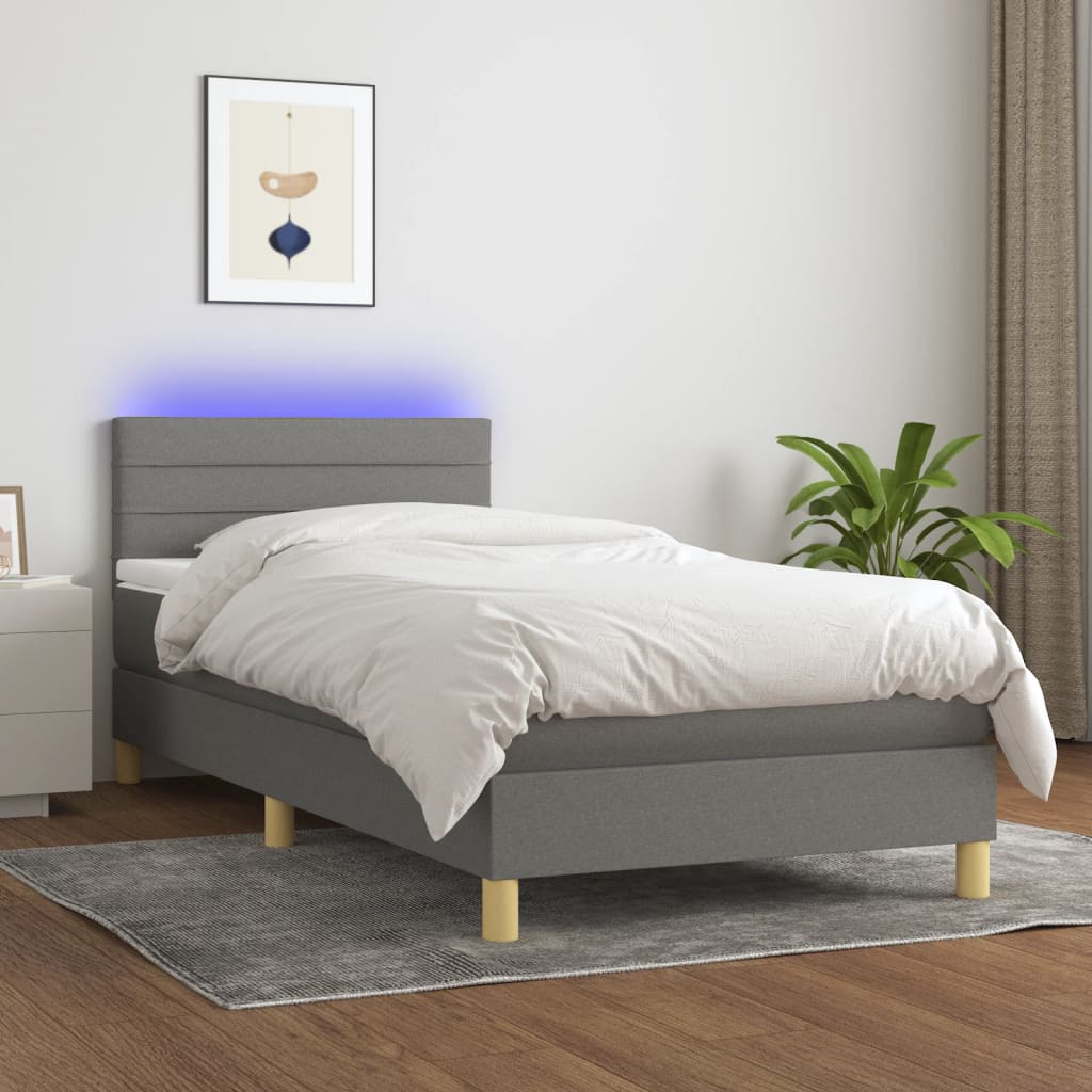 Κρεβάτι Boxspring με Στρώμα & LED Σκ.Γκρι 90x190 εκ. Υφασμάτινο