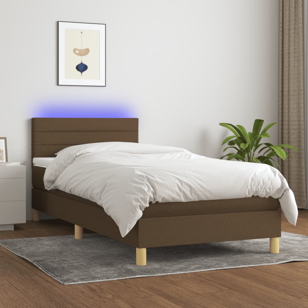 Κρεβάτι Boxspring με Στρώμα & LED Σκ.Καφέ 90x190 εκ. Υφασμάτινο