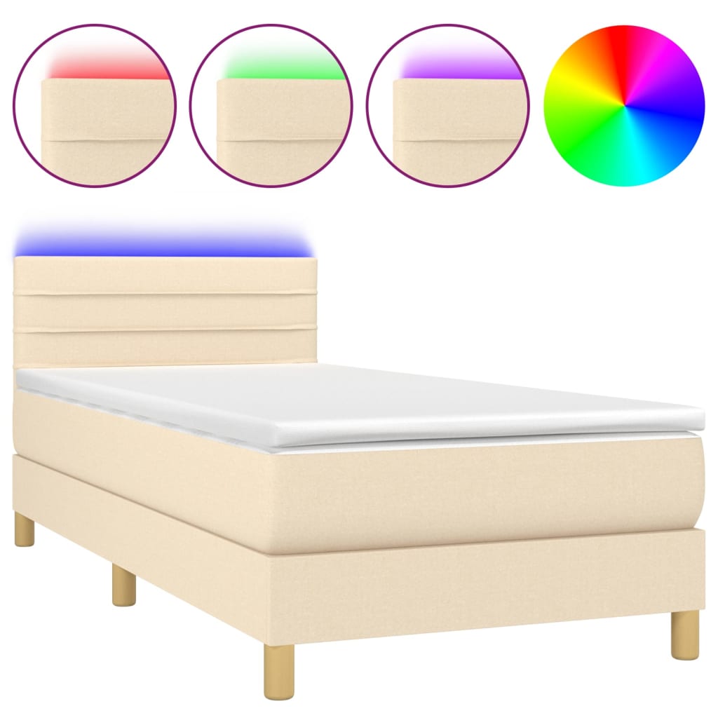 Κρεβάτι Boxspring με Στρώμα & LED Κρεμ 100x200 εκ. Υφασμάτινο