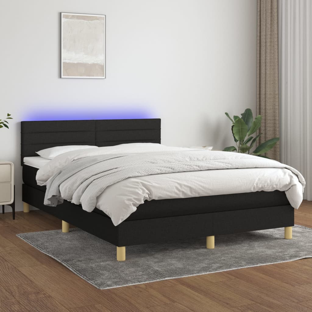 Κρεβάτι Boxspring με Στρώμα & LED Μαύρο 140x190 εκ. Υφασμάτινο