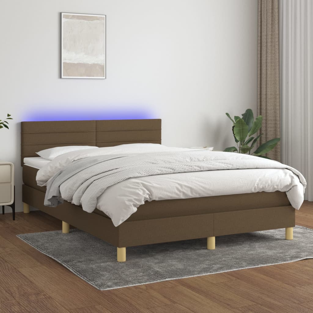 Κρεβάτι Boxspring με Στρώμα & LED Σκ.Καφέ 140x190 εκ Υφασμάτινο