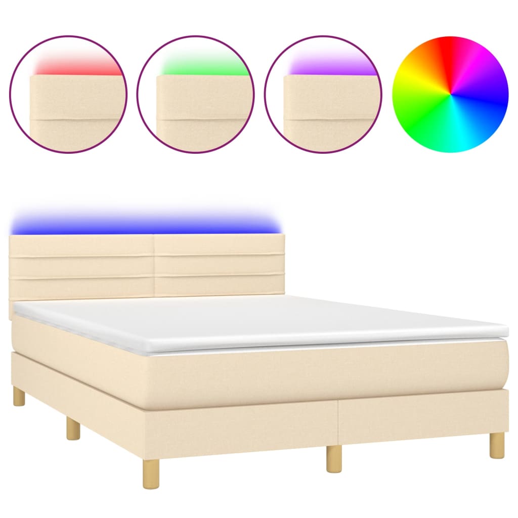 Κρεβάτι Boxspring με Στρώμα & LED Κρεμ 140x190 εκ. Υφασμάτινο - Pakobazaar