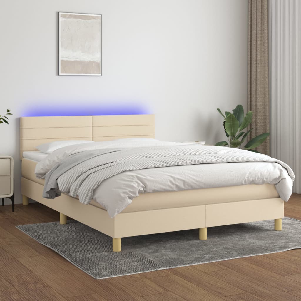 Κρεβάτι Boxspring με Στρώμα & LED Κρεμ 140x190 εκ. Υφασμάτινο - Pakobazaar