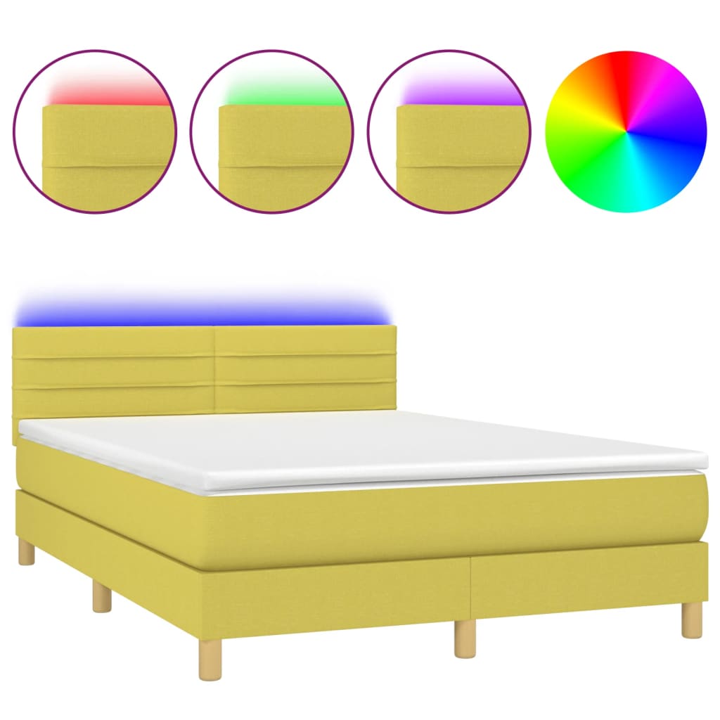 Κρεβάτι Boxspring με Στρώμα & LED Πράσινο 140x190 εκ Υφασμάτινο