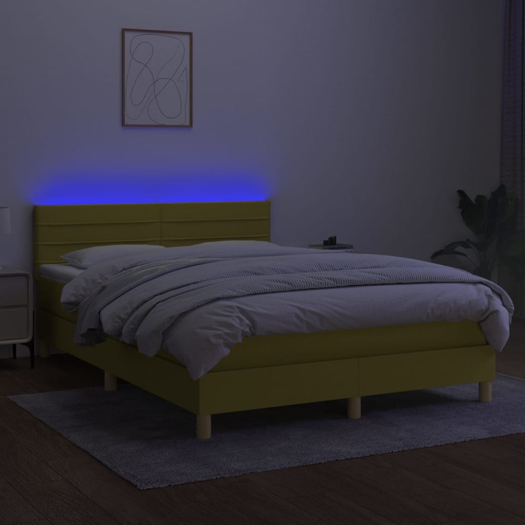 Κρεβάτι Boxspring με Στρώμα & LED Πράσινο 140x190 εκ Υφασμάτινο
