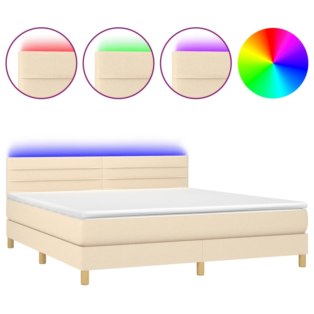 Κρεβάτι Boxspring με Στρώμα & LED Κρεμ 180x200 εκ. Υφασμάτινο