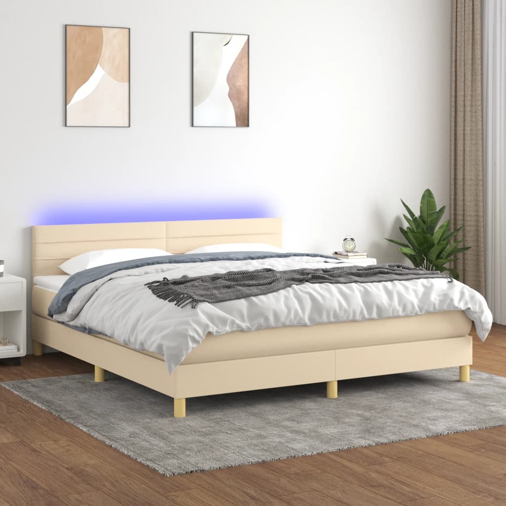 Κρεβάτι Boxspring με Στρώμα & LED Κρεμ 180x200 εκ. Υφασμάτινο