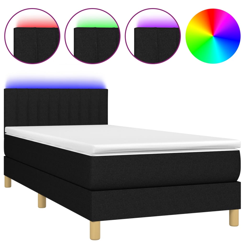 Κρεβάτι Boxspring με Στρώμα & LED Μαύρο 90x200 εκ. Υφασμάτινο