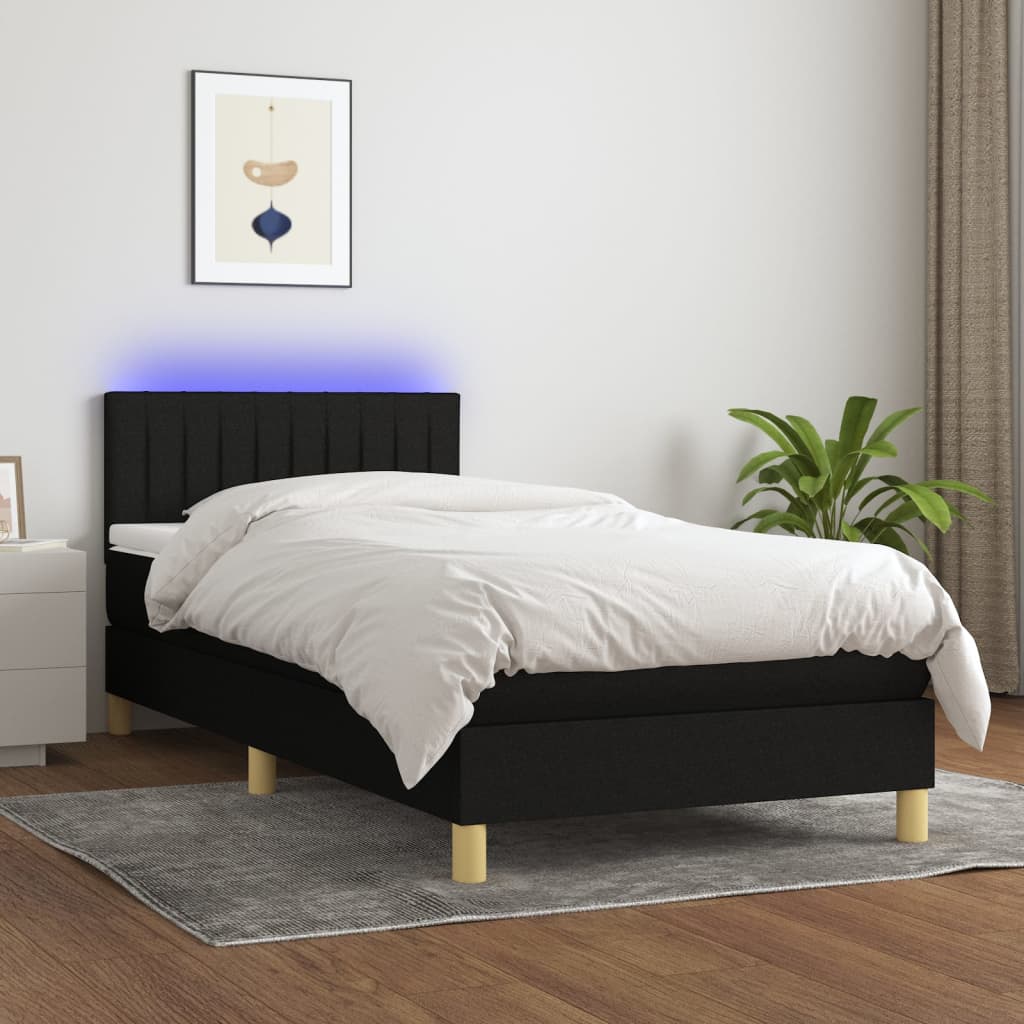 Κρεβάτι Boxspring με Στρώμα & LED Μαύρο 90x200 εκ. Υφασμάτινο