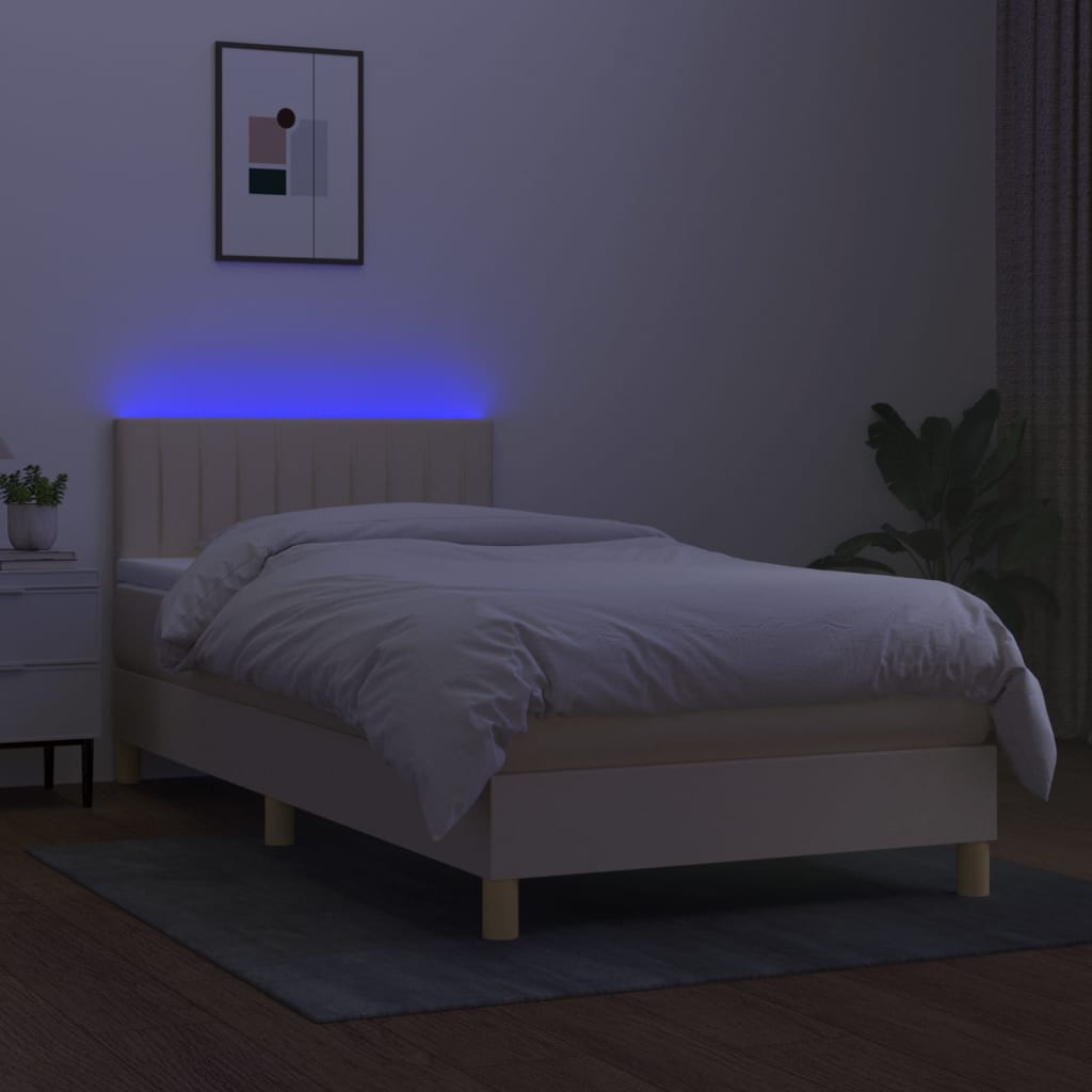 Κρεβάτι Boxspring με Στρώμα & LED Κρεμ 90x200 εκ. Υφασμάτινο