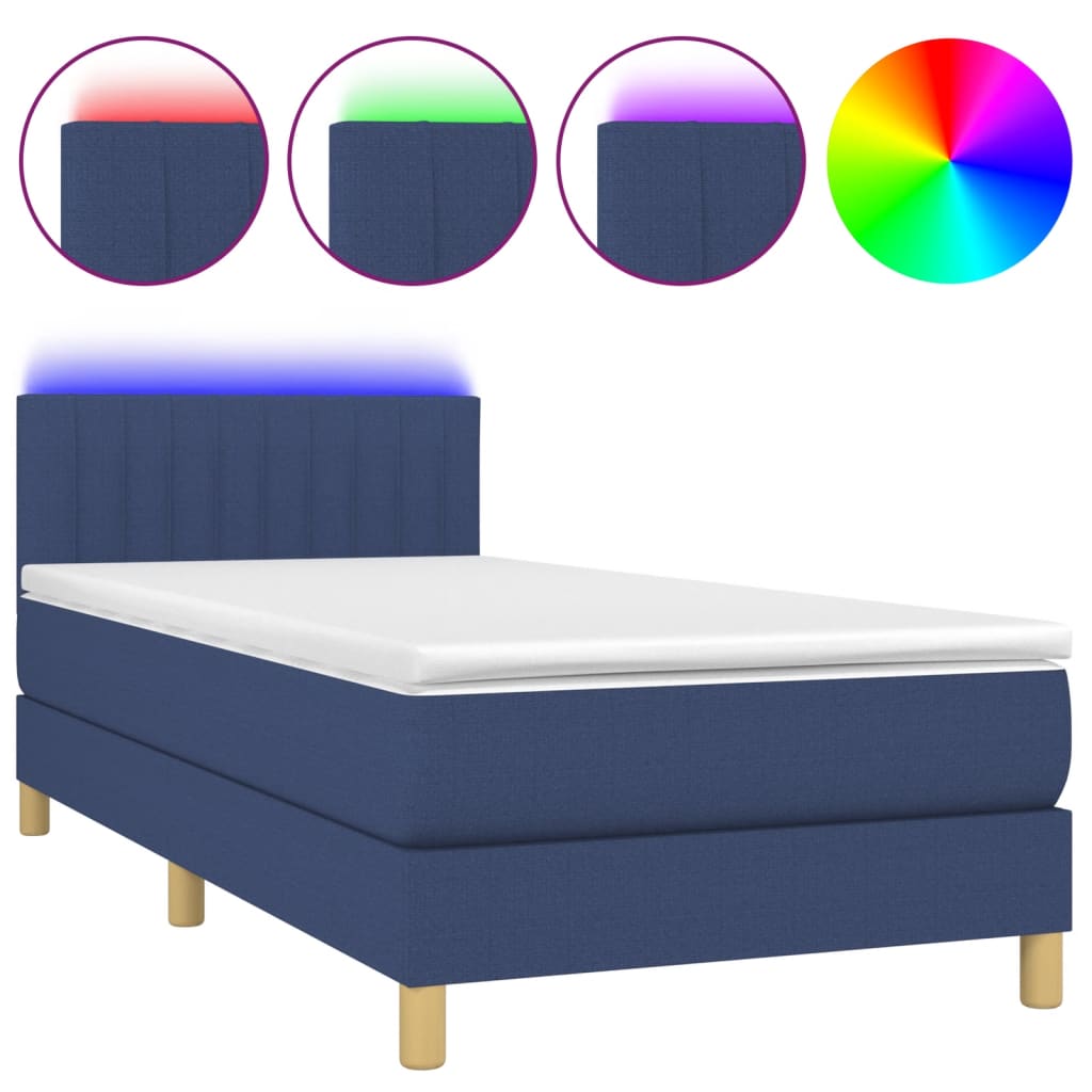 Κρεβάτι Boxspring με Στρώμα & LED Μπλε 90x200 εκ. Υφασμάτινο
