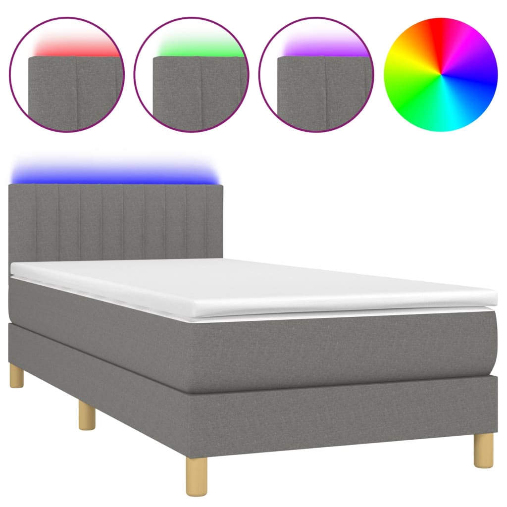 Κρεβάτι Boxspring με Στρώμα & LED Σκ.Γκρι 100x200 εκ Υφασμάτινο