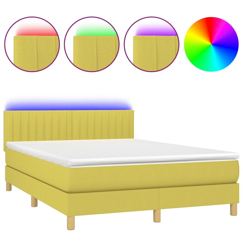 Κρεβάτι Boxspring με Στρώμα & LED Πράσινο 140x190 εκ Υφασμάτινο