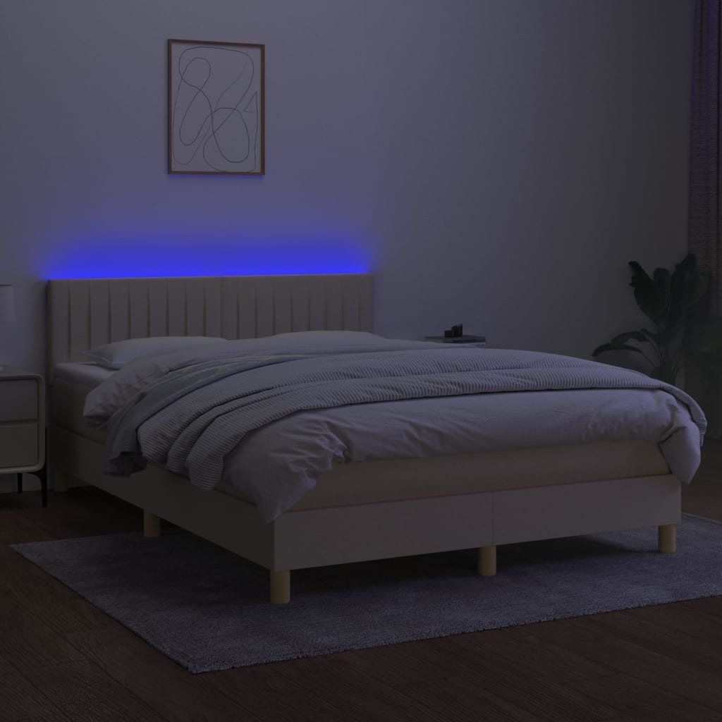 Κρεβάτι Boxspring με Στρώμα & LED Κρεμ 140x200 εκ. Υφασμάτινο