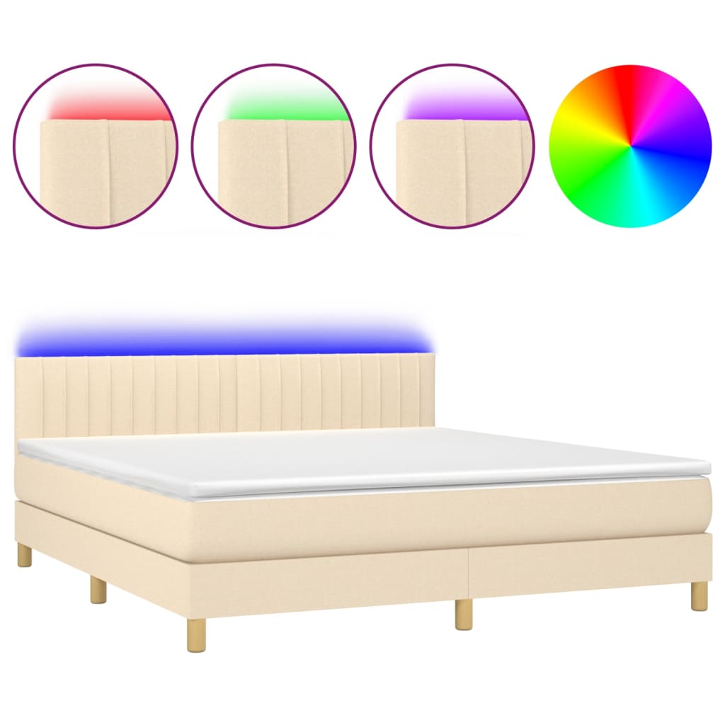 Κρεβάτι Boxspring με Στρώμα & LED Κρεμ 160x200 εκ. Υφασμάτινο