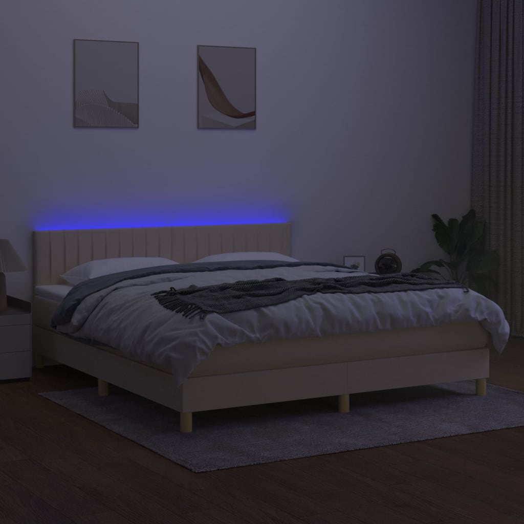 Κρεβάτι Boxspring με Στρώμα & LED Κρεμ 180x200 εκ. Υφασμάτινο