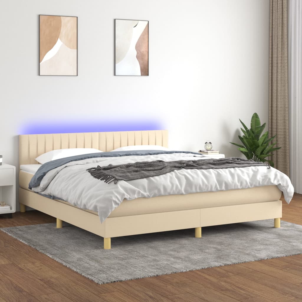 Κρεβάτι Boxspring με Στρώμα & LED Κρεμ 180x200 εκ. Υφασμάτινο