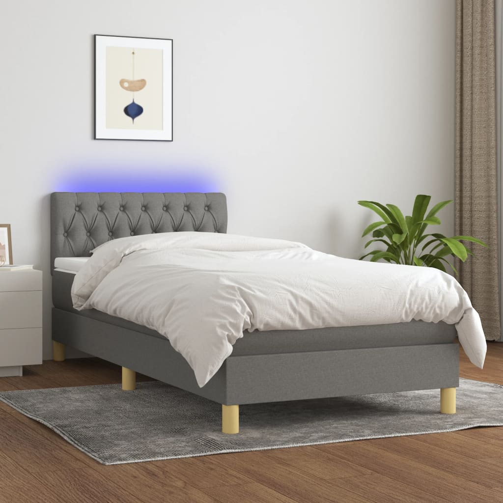 Κρεβάτι Boxspring με Στρώμα & LED Σκ.Γκρι 90x190 εκ. Υφασμάτινο