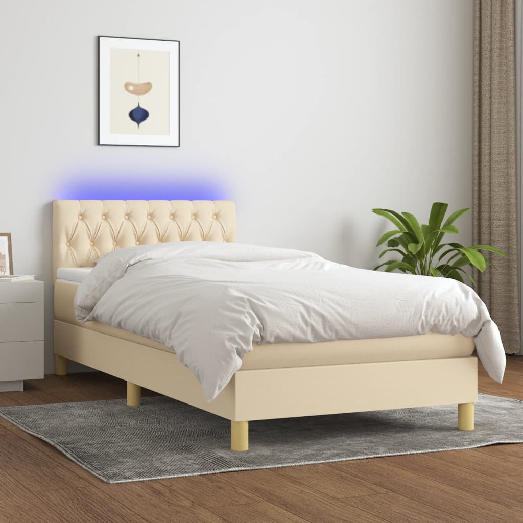 Κρεβάτι Boxspring με Στρώμα & LED Κρεμ 90x190 εκ. Υφασμάτινο