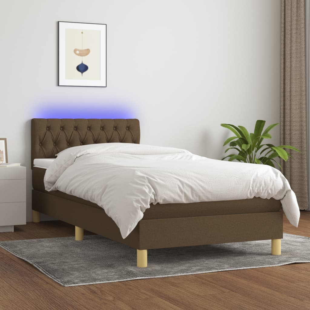Κρεβάτι Boxspring με Στρώμα & LED Σκ.Καφέ 90x200 εκ. Υφασμάτινο - Pakobazaar
